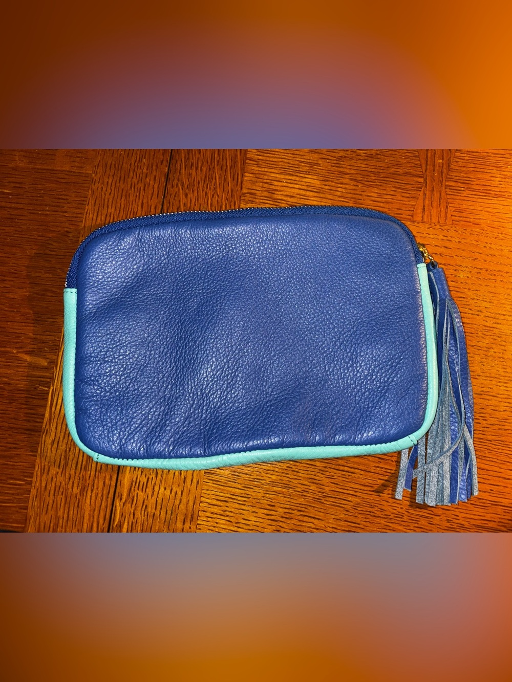 Gap Blue Pebbled Leather Pouch With Tasseled Zipper Pull and Aqua Trim